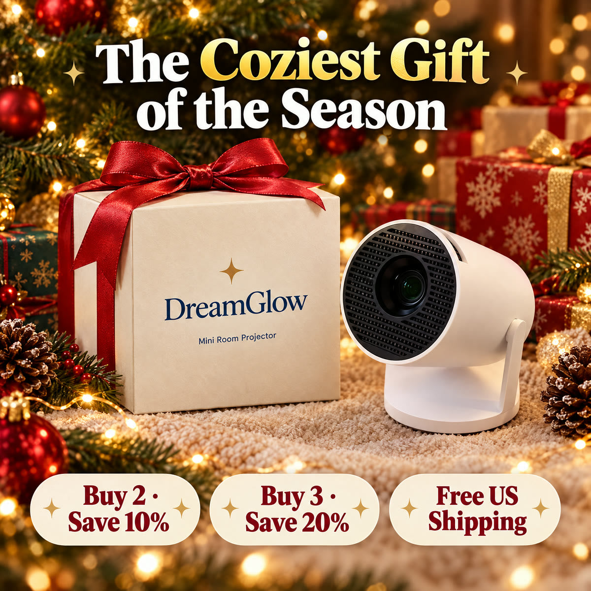 The DreamGlow box with a red bow under the Christmas tree