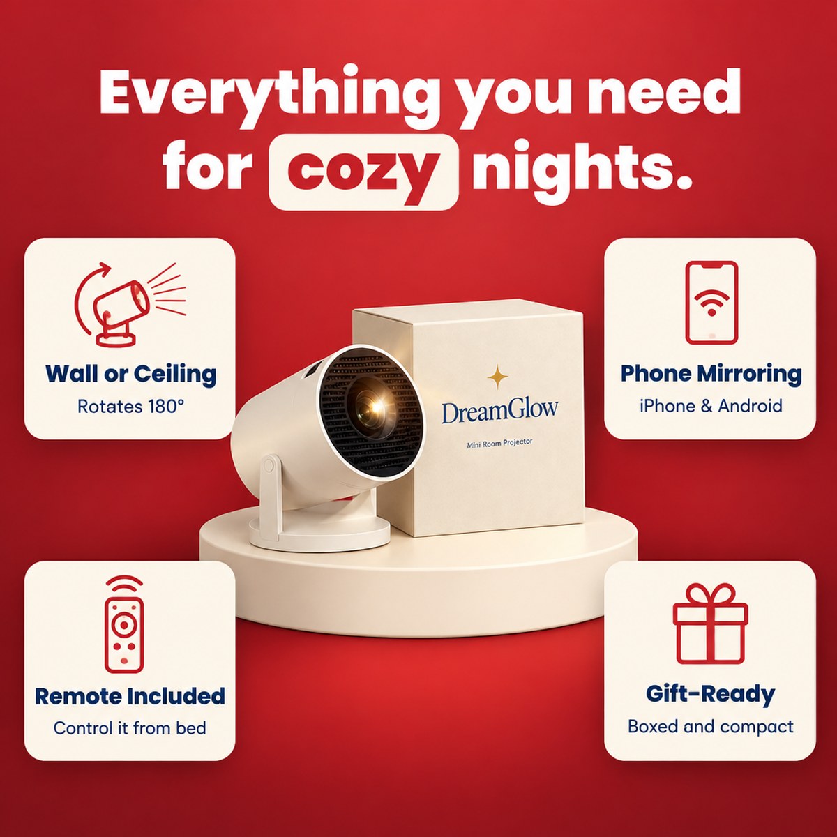 Everything you need for cozy nights: wall or ceiling, phone mirroring, remote included, gift-ready