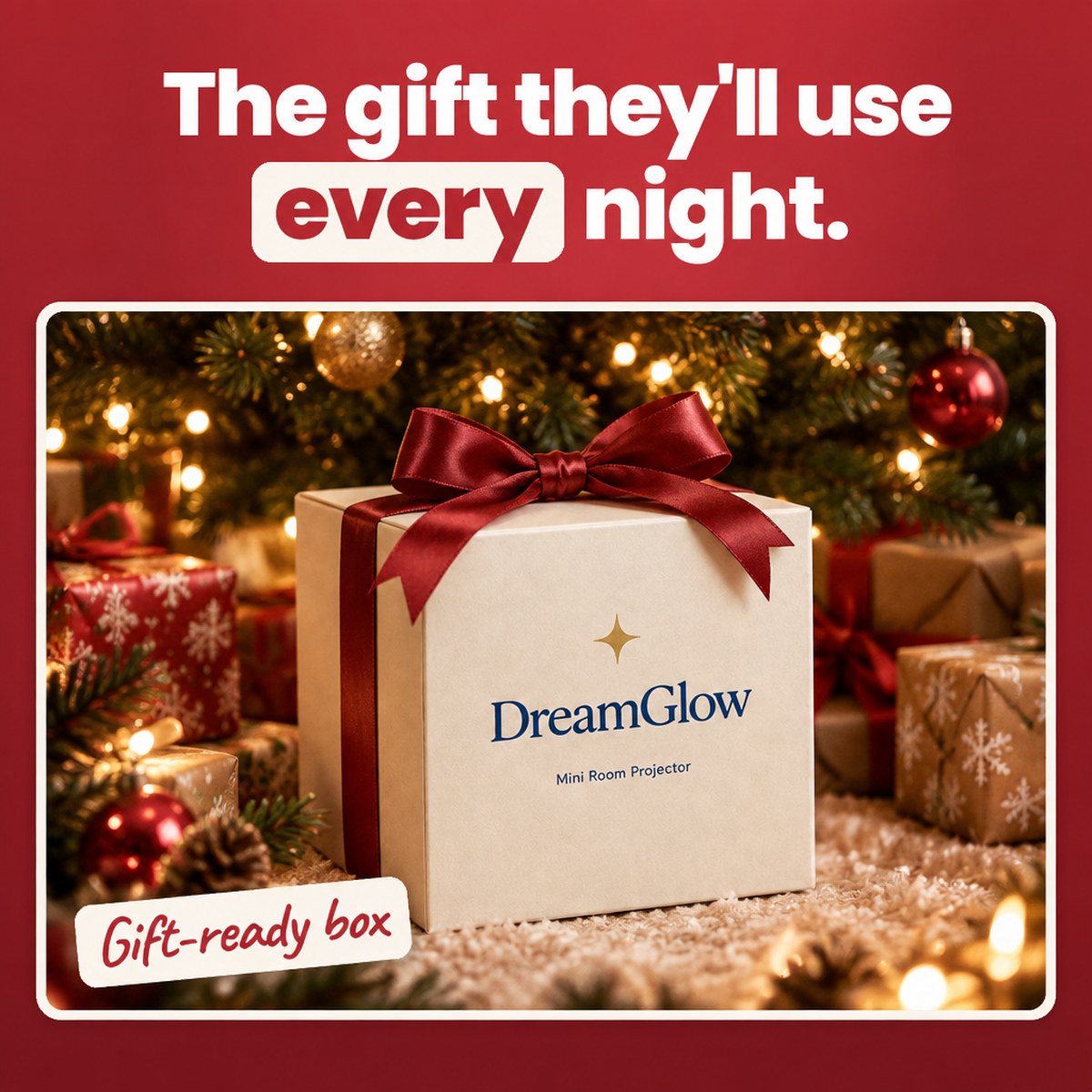 The gift they will use every night: the DreamGlow box with a red bow under the tree