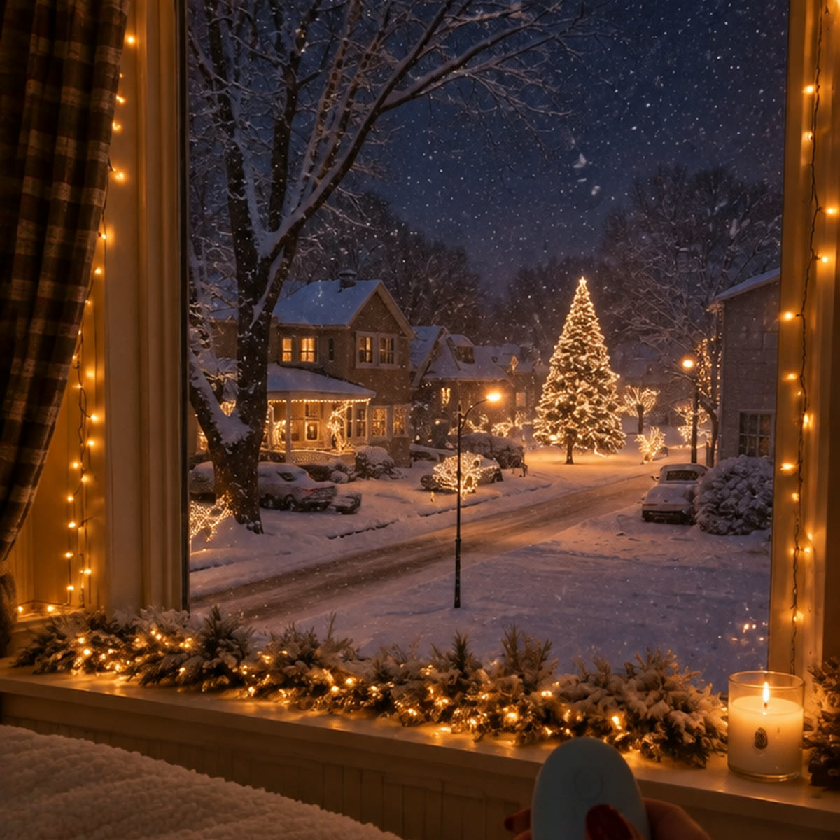 Cozy bedroom at night with a snowy Christmas village scene