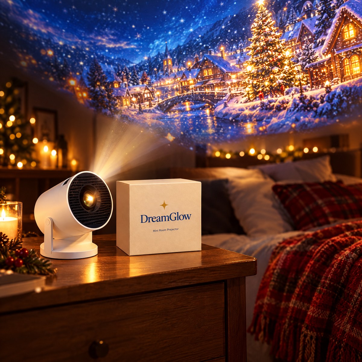 DreamGlow projector and its box on a Christmas nightstand projecting a snowy village