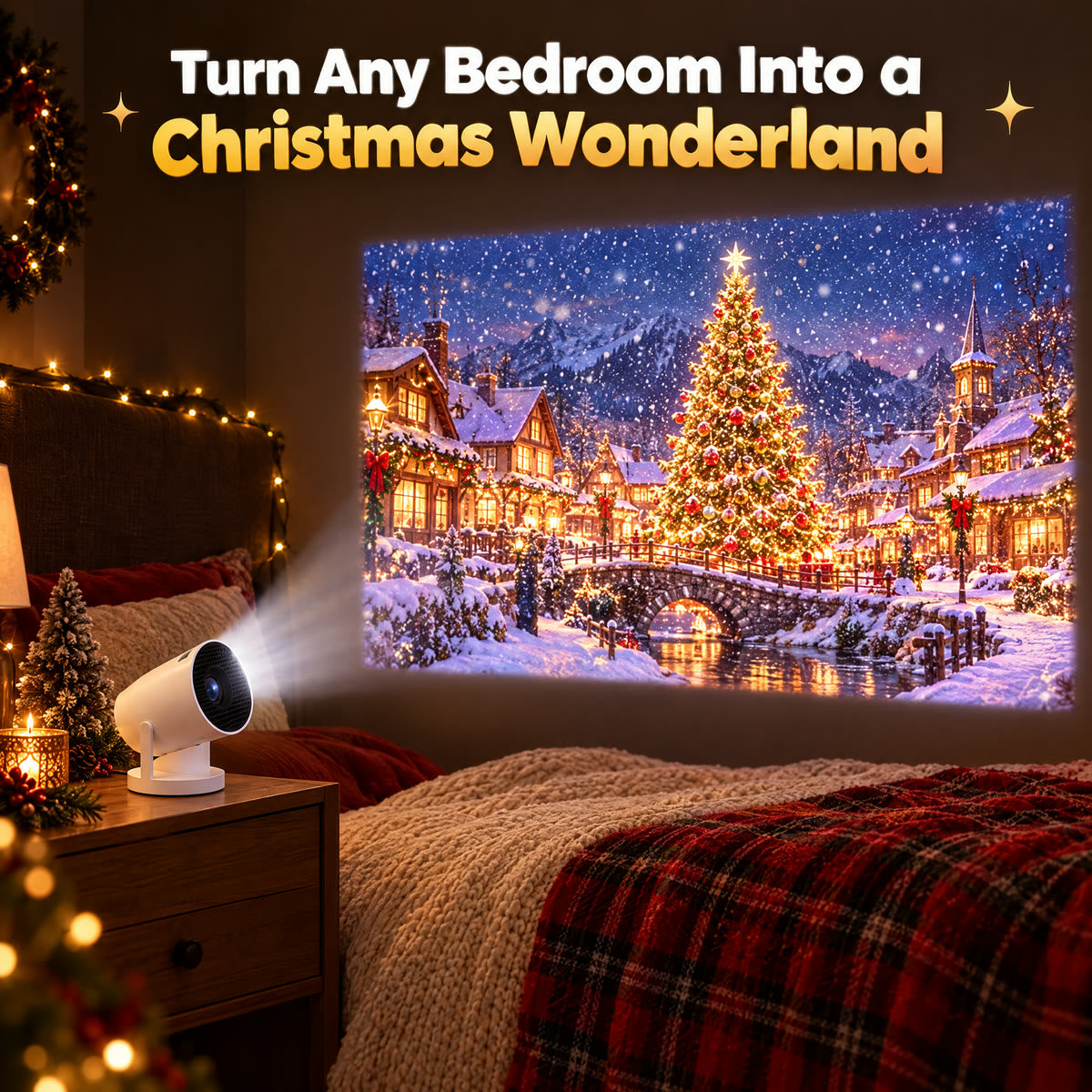 DreamGlow projecting a snowy Christmas village above a bed