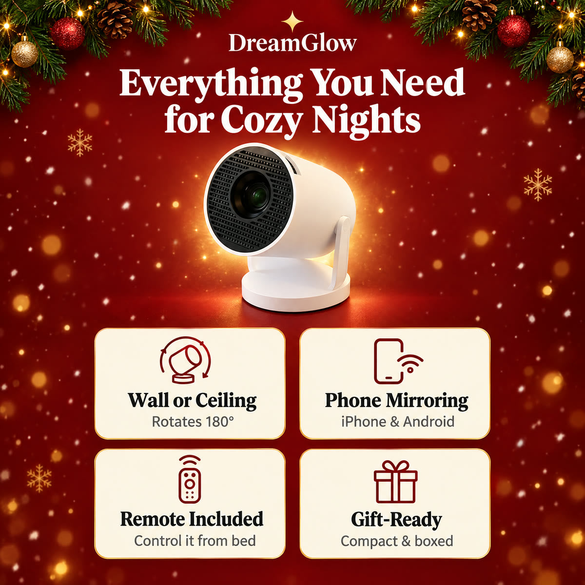 DreamGlow features: wall or ceiling, phone mirroring, remote included, gift-ready