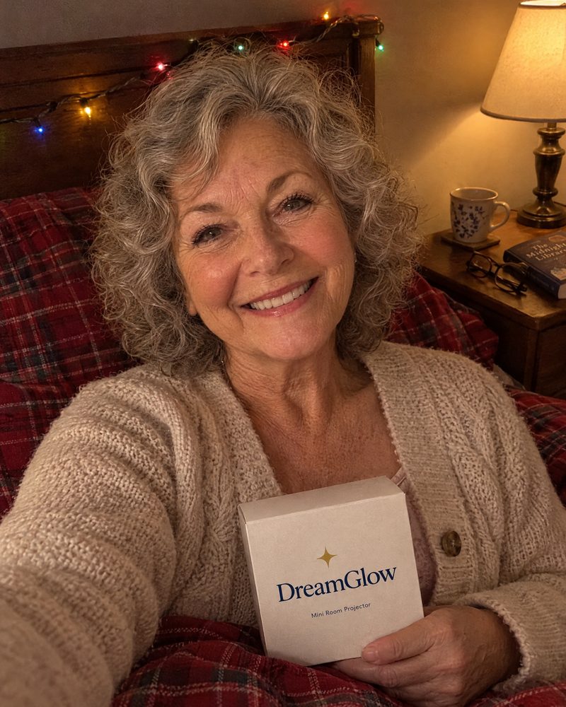 A woman in bed at night holding the DreamGlow box
