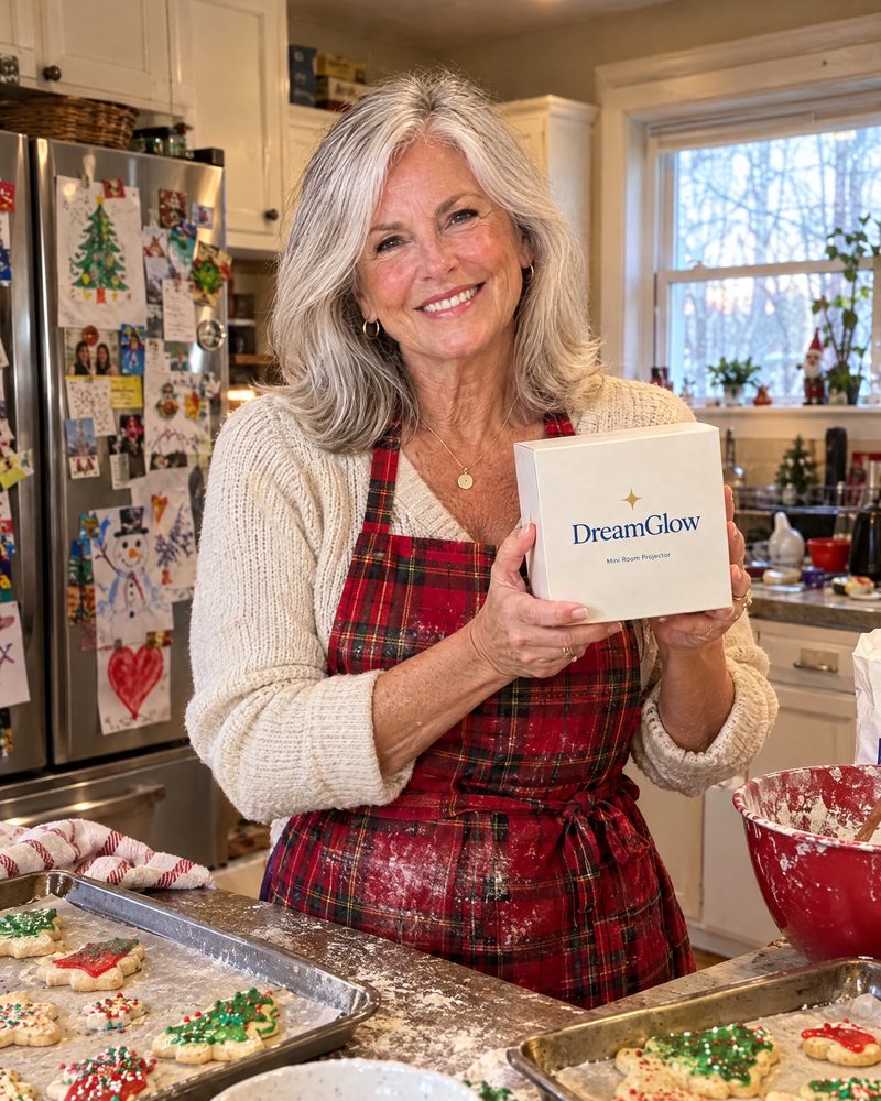 A woman baking Christmas cookies holding the DreamGlow box