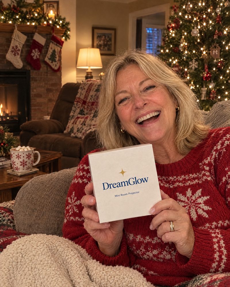 A woman in her family room holding the DreamGlow box