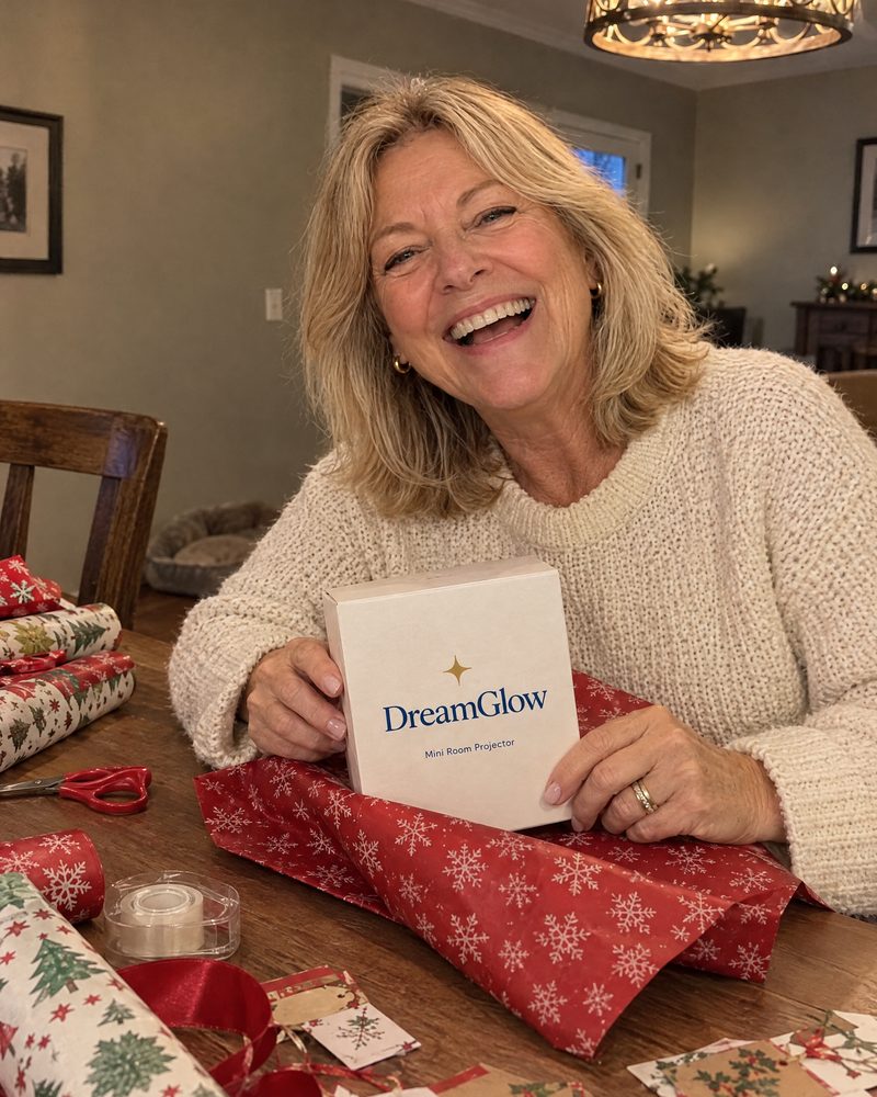 A woman wrapping the DreamGlow box as a gift