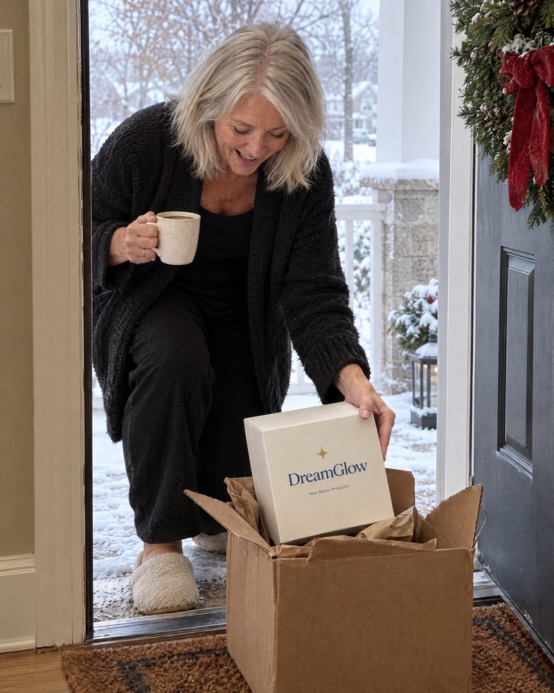 A woman unpacking the DreamGlow box from a delivery at her front door